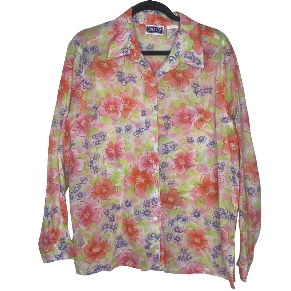 Erika & Co.  Long-Sleeve Button-Up‎ Shirt  Womens Size L Floral Cotton